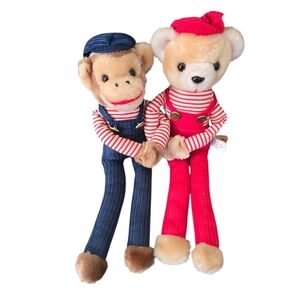 Knee Hugger Adorable Plush Monkey and Bear Toy Set Vintage Corduroy Overalls 14"